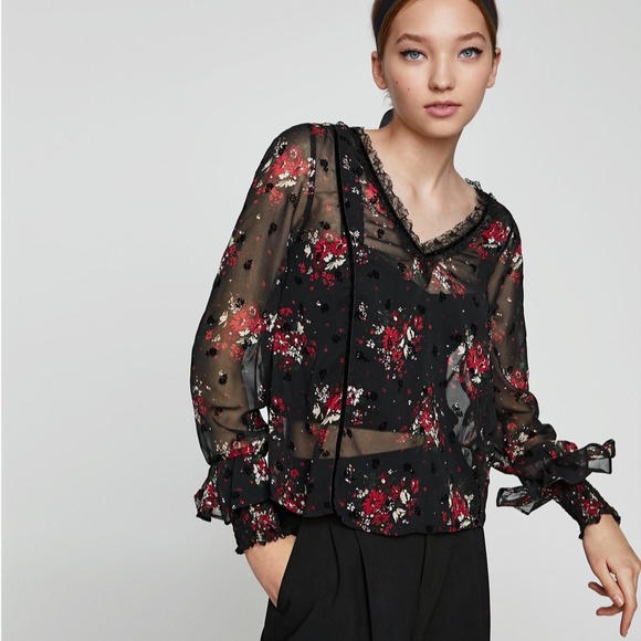 Zara SEMI-SHEER TOP WITH RUFFLE TRIMS - Picture 1 of 5
